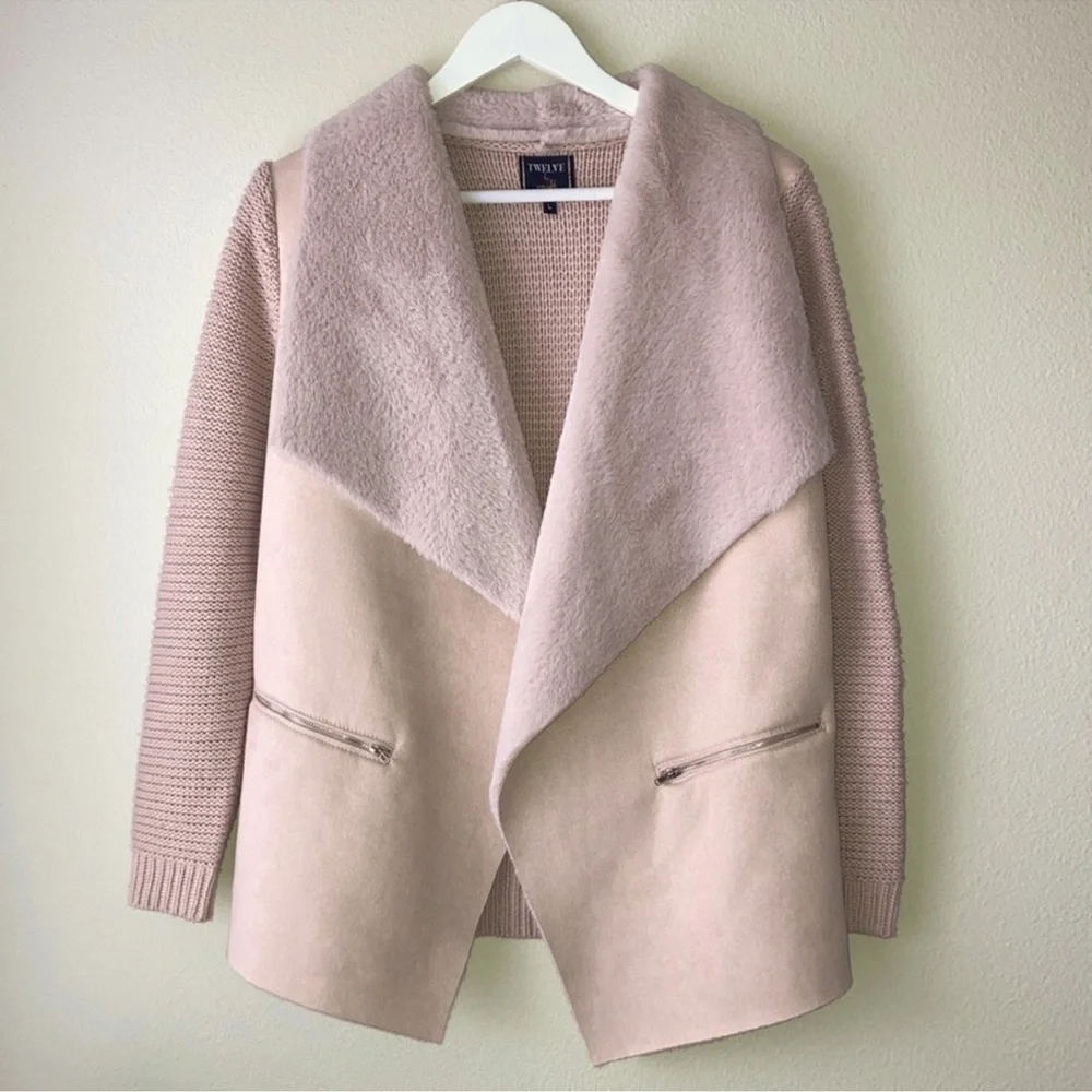 SHERPA LINED Pink Vegan Suede Cascade Collar Knitted Combination Jacket - Picture 2 of 6